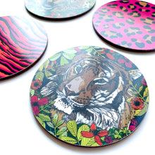 Load image into Gallery viewer, Set of 4 Wild Animal Leopard and Tiger Print Pink Coasters