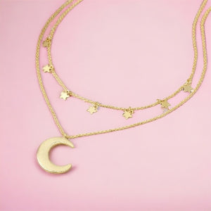 Gold Double Layer Stars And Moon Necklace