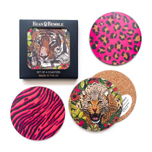 Load image into Gallery viewer, Set of 4 Wild Animal Leopard and Tiger Print Pink Coasters