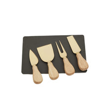 Load image into Gallery viewer, Gold finish cheese knife set with slate board - four piece set