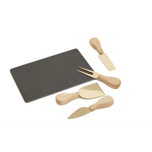 Load image into Gallery viewer, Gold finish cheese knife set with slate board - four piece set