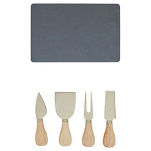 Load image into Gallery viewer, Gold finish cheese knife set with slate board - four piece set