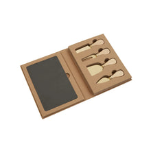 Load image into Gallery viewer, Gold finish cheese knife set with slate board - four piece set
