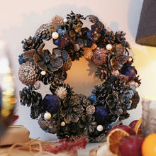 Load image into Gallery viewer, Navy Blue and Metallic Pinecone and Flower Wreath