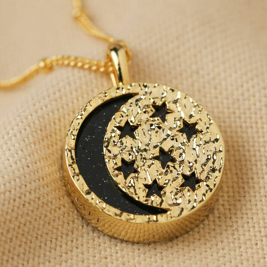 Gold Moon & Semi Precious stone Pendant Necklace