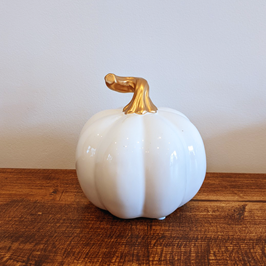 White Ceramic Pumpkin with Gold Stalk - 11cm