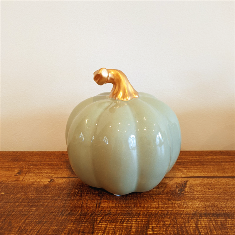 Sage Green Ceramic Pumpkin With Gold Stalk 11cm