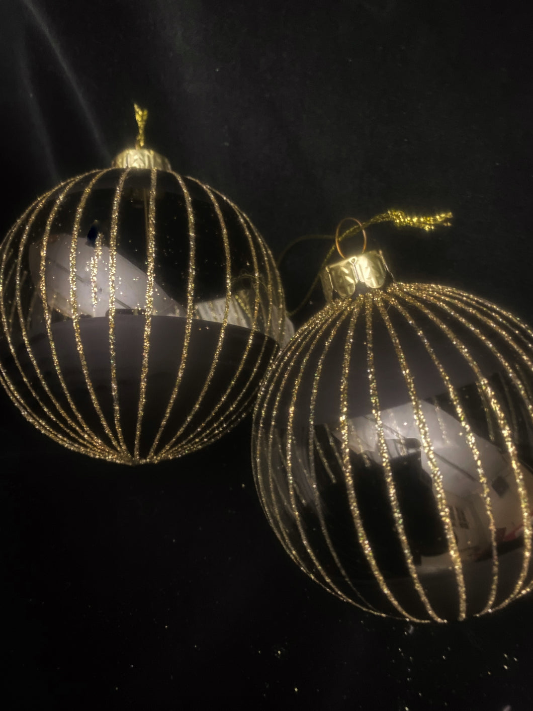 Set of 2 Glass Black and Gold Glitter Striped Baubles