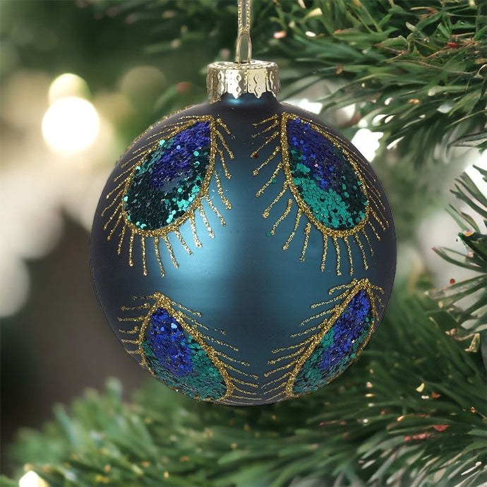 Set of 2 Dark Blue Hand-Finished Peacock Baubles