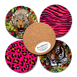 Set of 4 Wild Animal Leopard and Tiger Print Pink Coasters