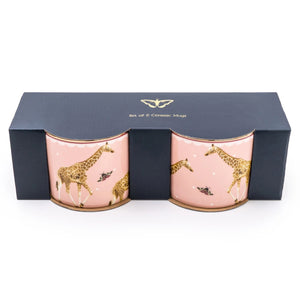 Set of 2 Giraffe Pink Mugs with Gold Handles In Gift Box