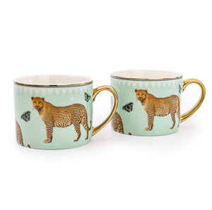 Set of 2 Leopard and Mint Green Mugs with Gold Handles in Gift Box