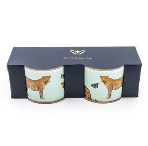 Set of 2 Leopard and Mint Green Mugs with Gold Handles in Gift Box