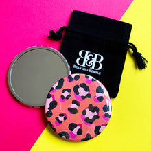 Load image into Gallery viewer, Bean and Bemble Coral Leopard Animal Print Mirror in a Pouch