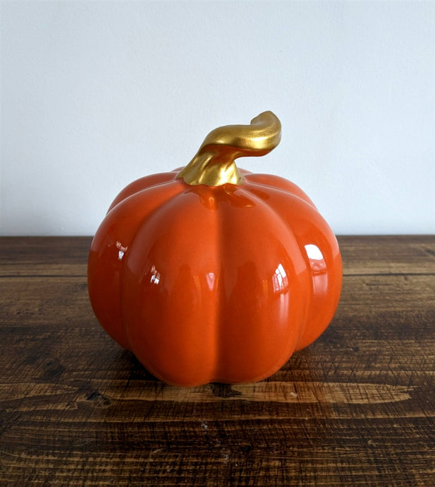 Orange Ceramic Pumpkin with Gold Stalk - 11cm