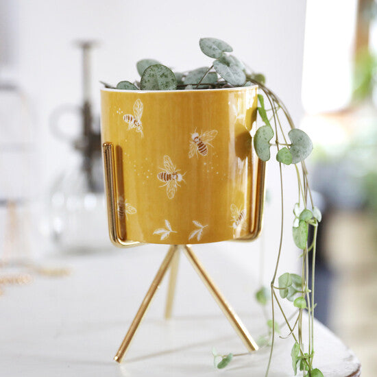 Small Yellow Bee Planter on Gold Stand
