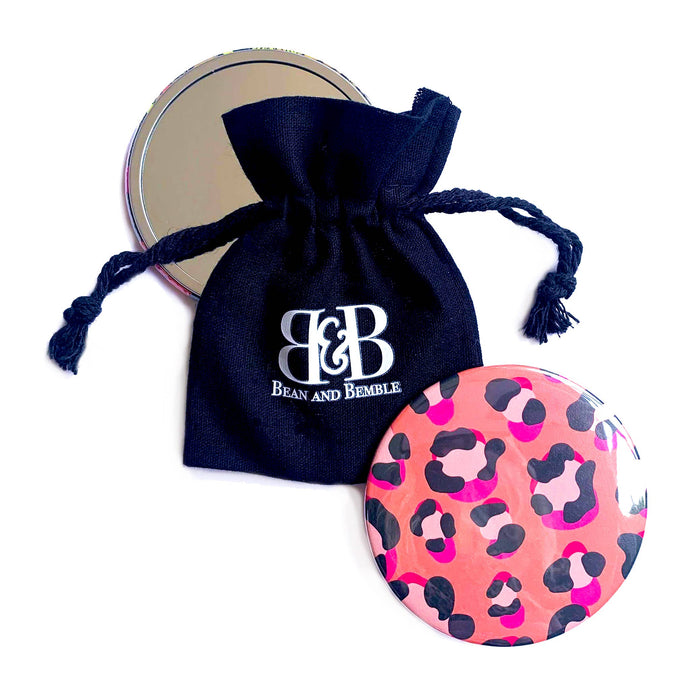 Bean and Bemble Coral Leopard Animal Print Mirror in a Pouch