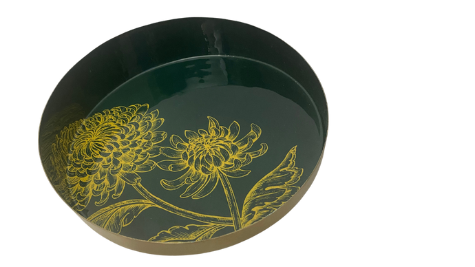 Luxe Fleur Dark Green and Gold Round Tray
