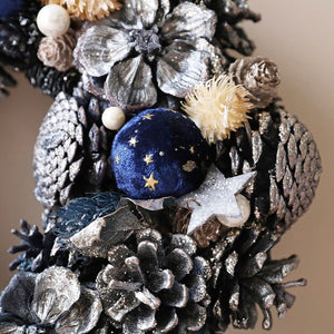 Navy Blue and Metallic Pinecone and Flower Wreath